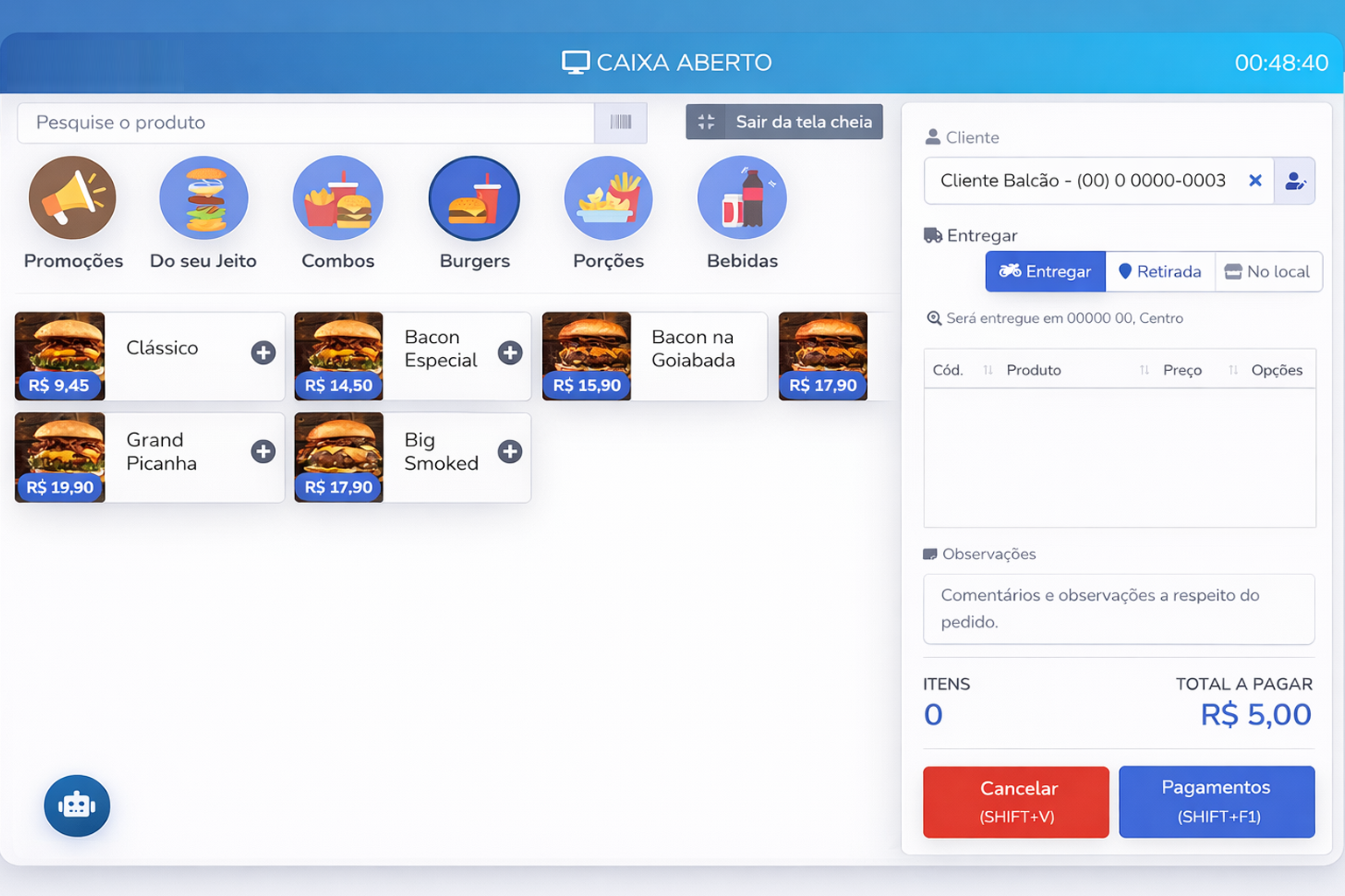 Tela de pedidos do sistema Martinhão Tecnologia e Sistemas de Gestão 